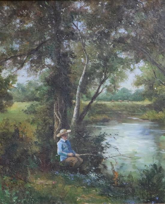J. Hamilton, oil, Boy angler, 60cm x 50cm